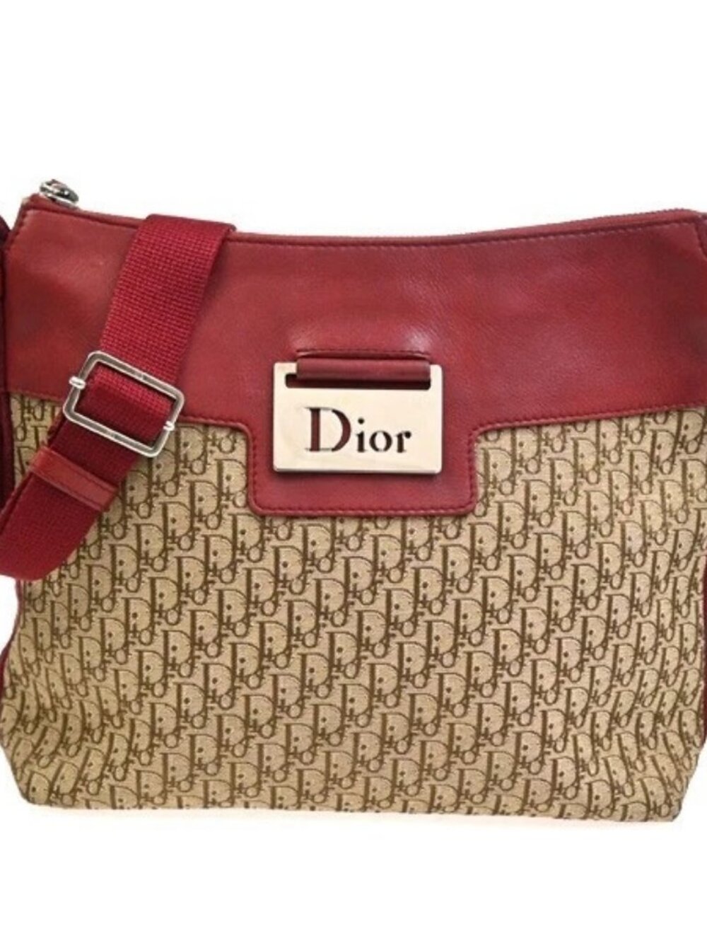 CHRISTIAN DIOR Logo Trotter Shoulder Bag Canvas Leather Red Brown